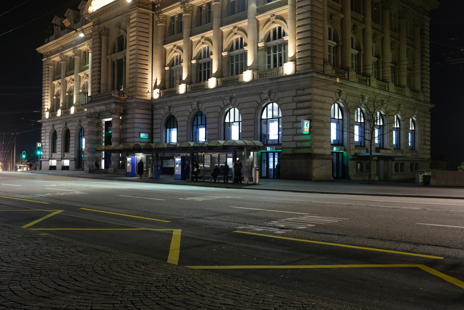 An illuminated building stands at night.